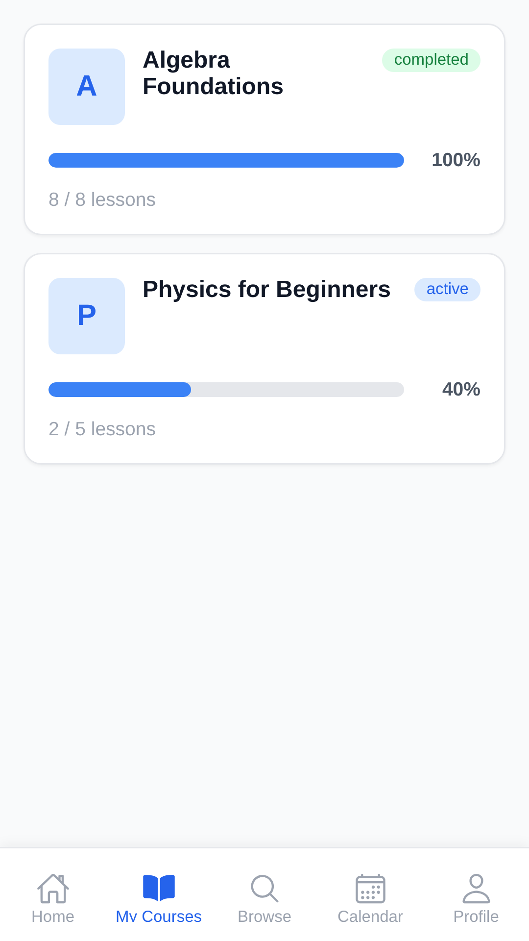 My Courses screen listing the student's enrolled courses with progress