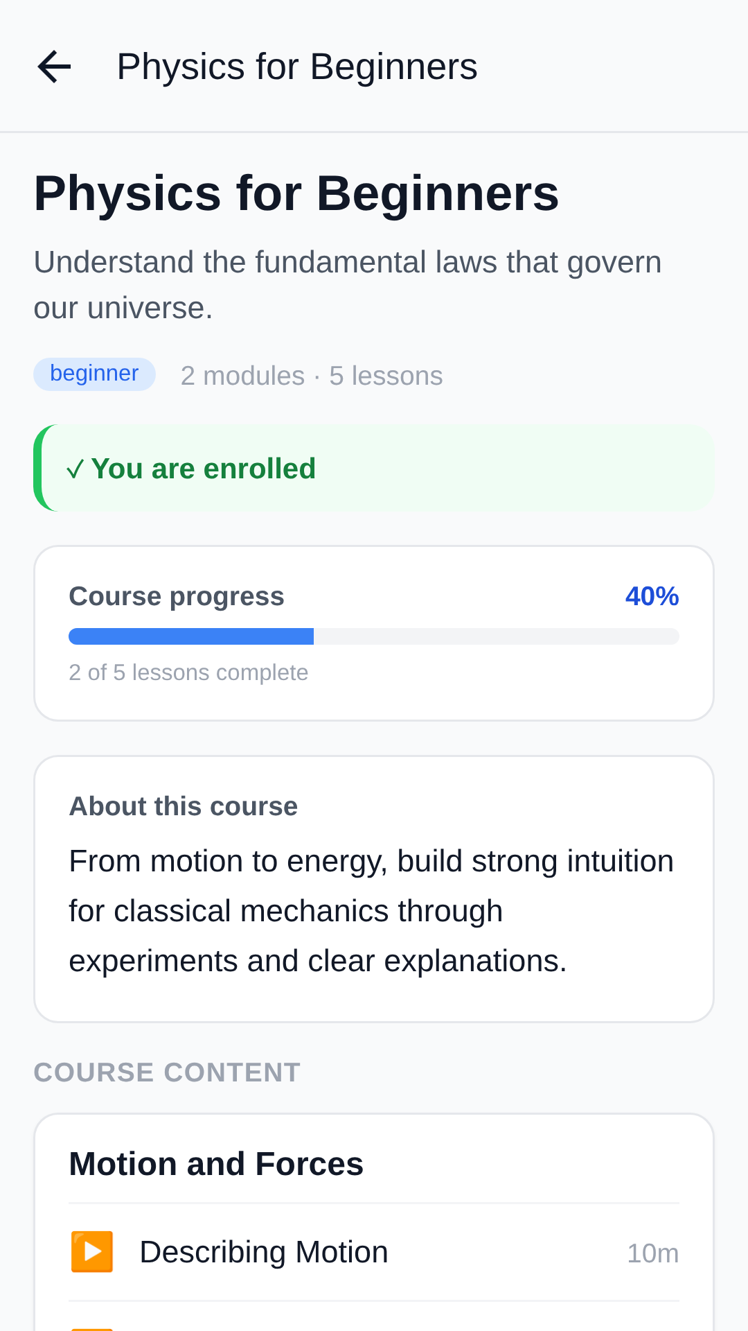eGuru course detail screen listing modules and lessons