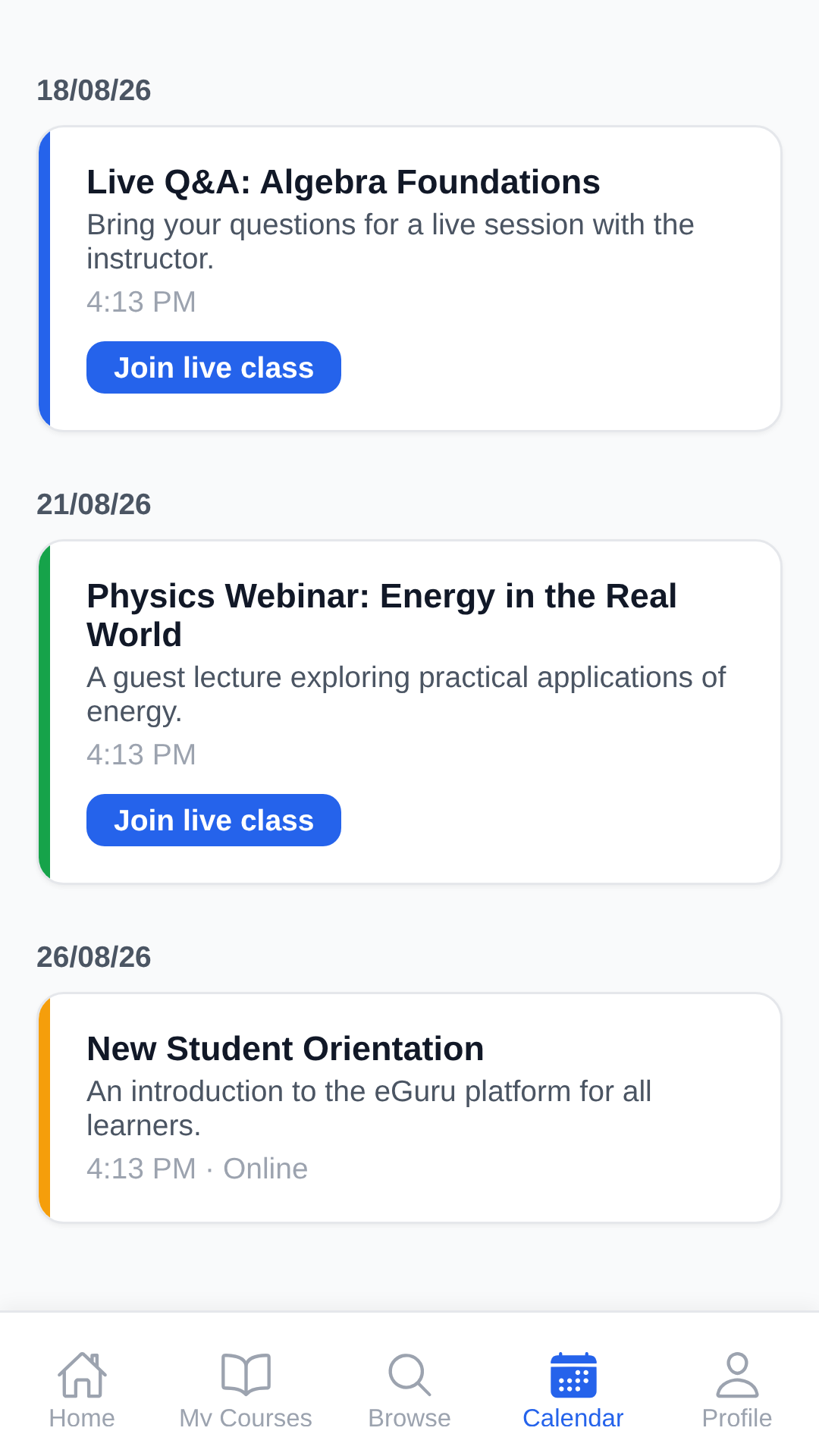Calendar screen showing scheduled classes and deadlines