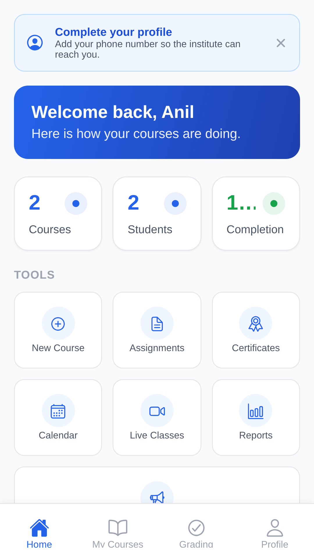 Instructor dashboard showing courses and teaching tools